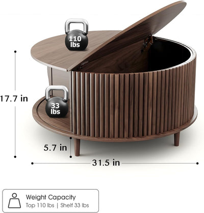 Round Coffee Table with Storage,Fluted for Living Room