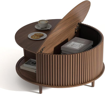 Round Coffee Table with Storage,Fluted for Living Room