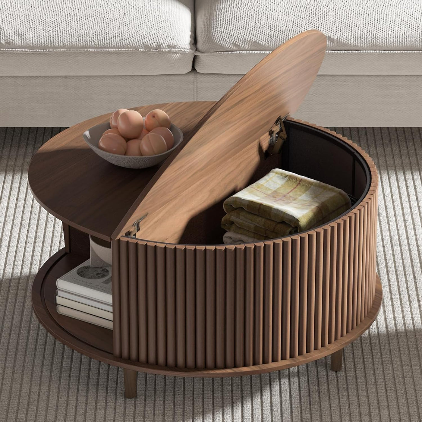 Round Coffee Table with Storage,Fluted for Living Room