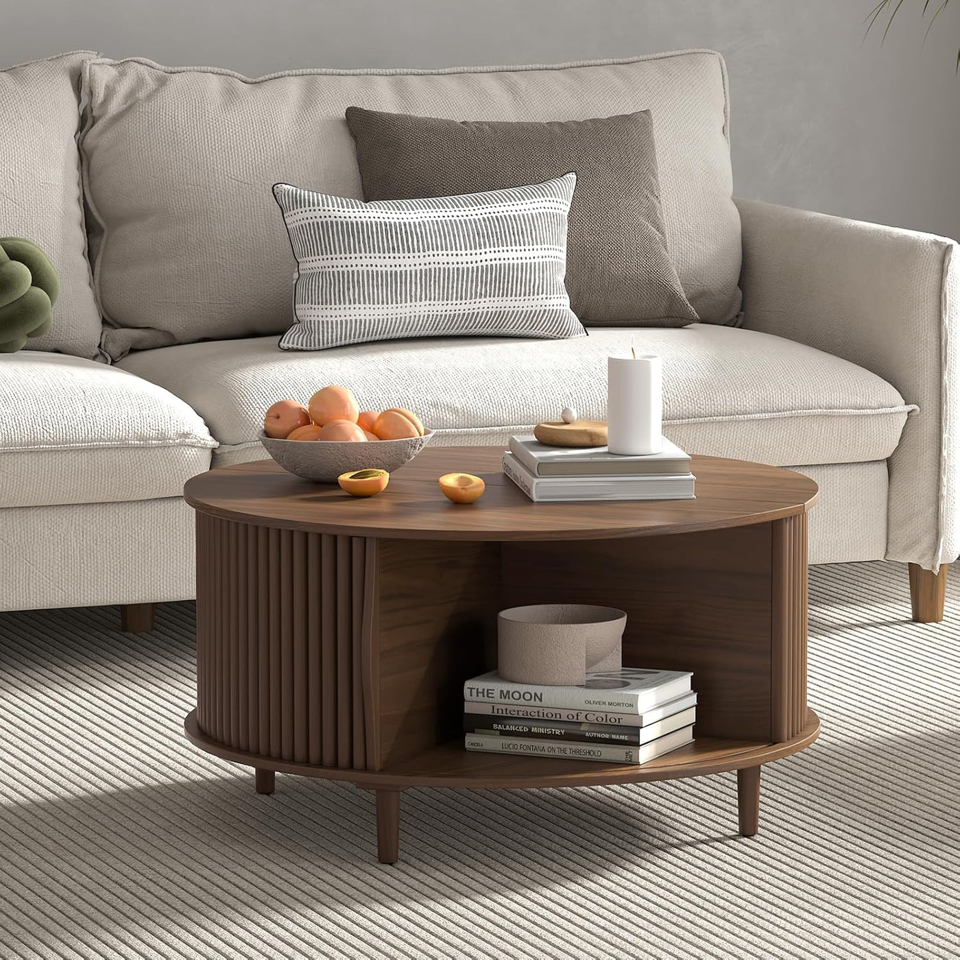 Round Coffee Table with Storage,Fluted for Living Room