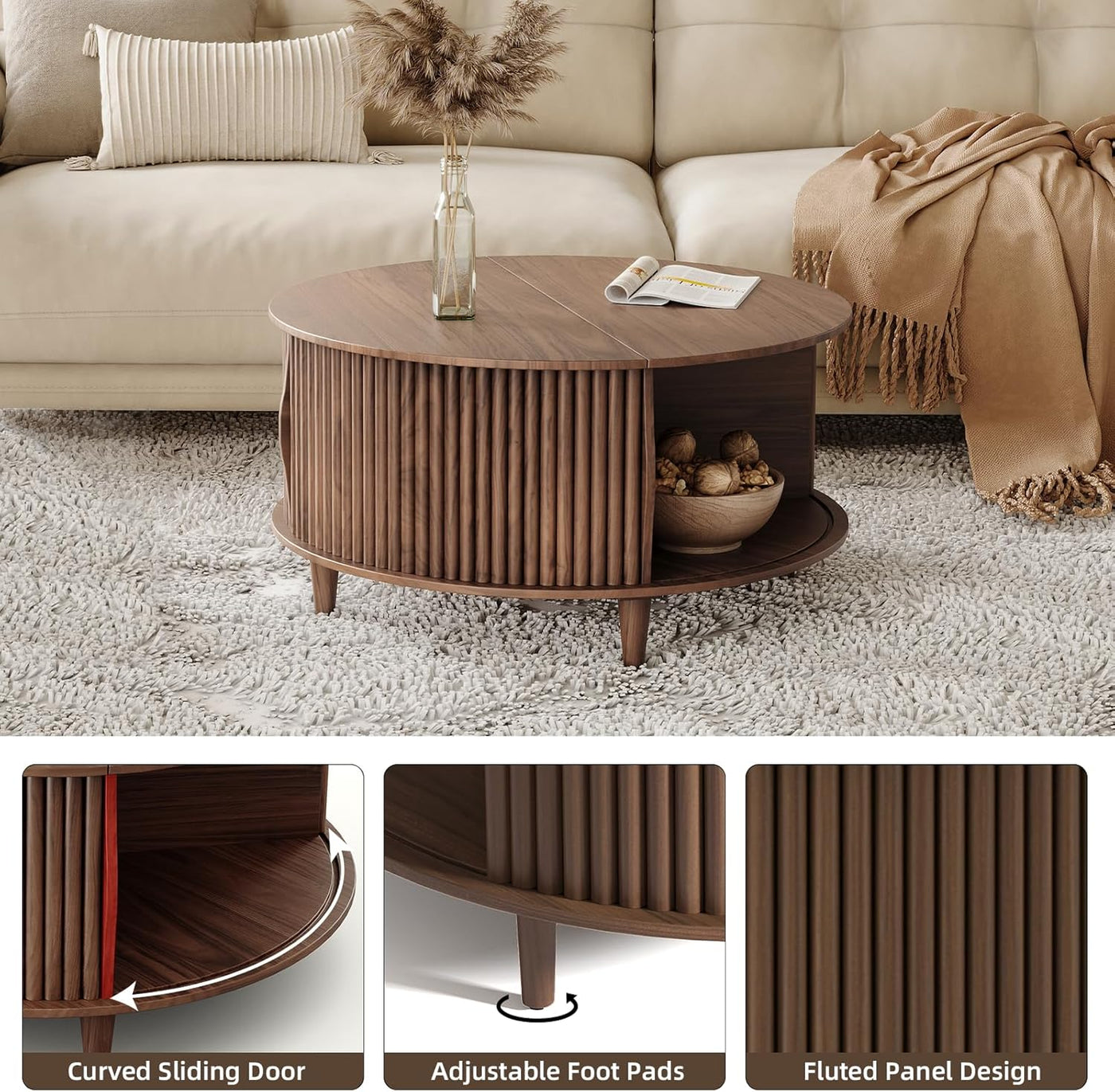 Round Coffee Table with Storage,Fluted for Living Room