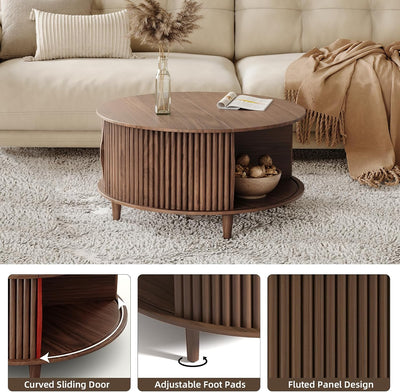 Round Coffee Table with Storage,Fluted for Living Room