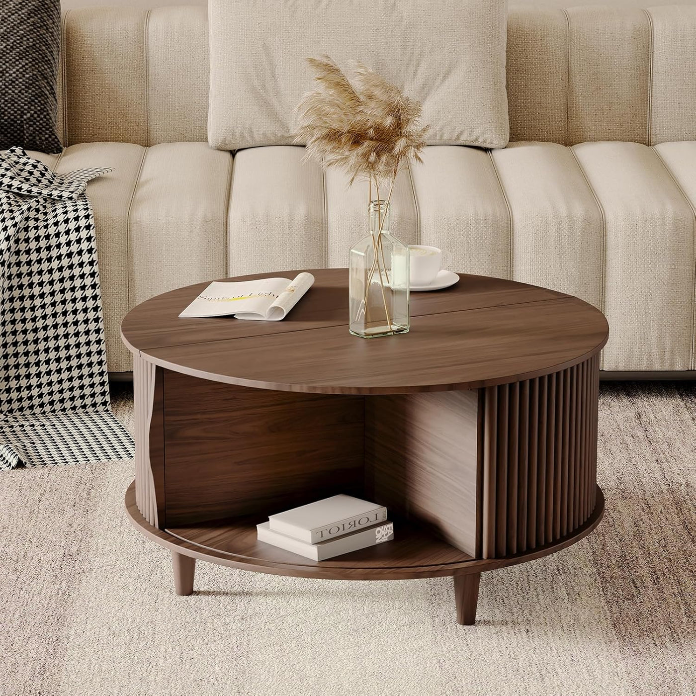 Round Coffee Table with Storage,Fluted for Living Room